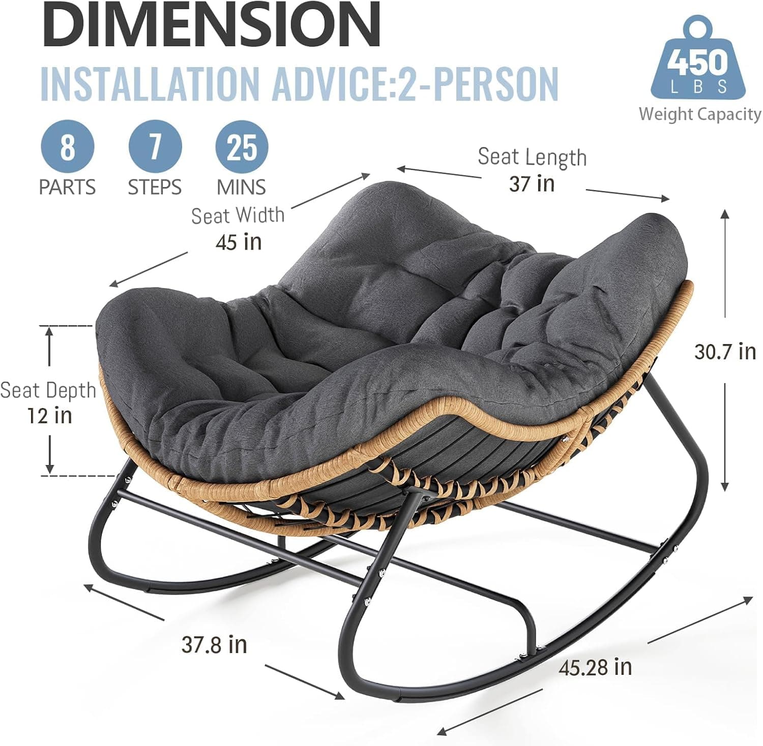 SWITTE Outdoor Rocking Papasan Chair, Oversized Wicker Patio Rocker, Indoor Comfy Wicker Reading Lounge, Bed-Like Comfort Egg Chair for Bedroom,Balcony,Living Room, Porch, Garden-Dark Grey