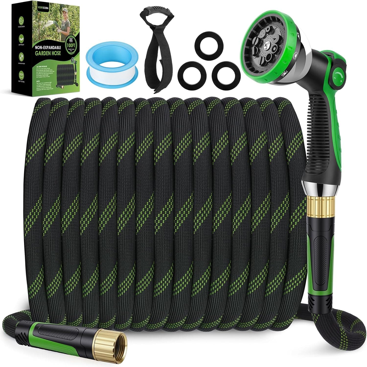 Non-Expanding Garden Hose 100 ft, Lightweight Hose & Flexible Water Hose With 10-Pattern Spray Nozzle, Kink-Free Design, Durable Leakproof Yard Outdoor Hose, Portable Storage Strap, 100 Feet